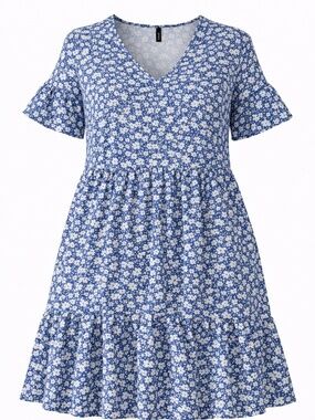 NCLook Womens Blue White Floral Tiered Swing Dress V Neck Boho - Size XXXL